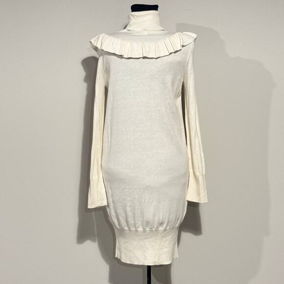Leith NWT Womens Dress Ivory Long Sleeve Knit Turtleneck Ruffle Yoke XS SoftGirl - Picture 7 of 11